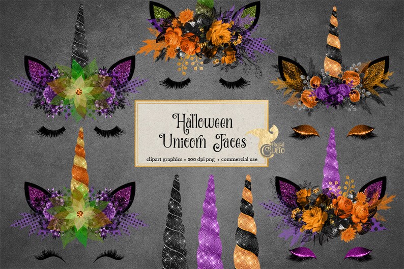K&ouml;nnte beinhalten: Sechs digitale Illustrationen von Halloween-Einhorn-Gesichtern mit Glitzer und Blumenkr&auml;nzen. Die Kr&auml;nze bestehen aus orangefarbenen, violetten und gr&uuml;nen Blumen. Die Einh&ouml;rner haben schwarze, violette und goldene H&ouml;rner. Der Text "Halloween Unicorn Faces" befindet sich in der Mitte des Bildes.