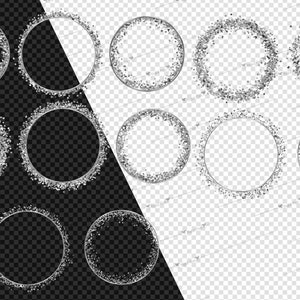 May include: A set of ten silver glitter circle frames on a transparent background. The frames are perfect for adding a touch of sparkle to your designs.