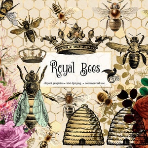 Royal Bees Clipart - vintage honey bee clip art with seamless honeycomb patterns and gold beehive in png format for commercial use