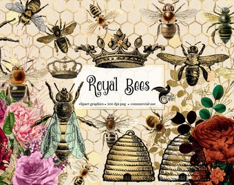 Vintage Bee Clipart – Honeycomb Patterns, Gold Beehive (PNG Format)