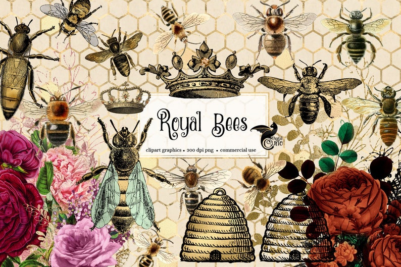 May include: A digital illustration set of vintage style bees, beehives, crowns, and flowers. The bees are gold and black with intricate details. The beehives are gold and have a honeycomb pattern. The crowns are gold and have a royal design. The flowers are red, pink, and white. The text "Royal Bees" is written in a decorative font.