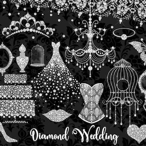 White Diamond Wedding Clipart, rhinestone glitter sparkle glam clip art, Bridal shower graphics, wedding dress, tiara, digital diamond frame