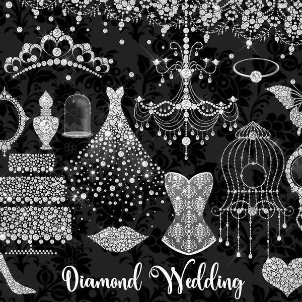White Diamond Wedding Clipart, rhinestone glitter sparkle glam clip art, Bridal shower graphics, wedding dress, tiara, digital diamond frame