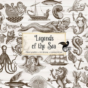 Legends of the Sea Vintage Nautical Clipart, pennelli Photoshop, sirene, mostri marini, animali dell'oceano, conchiglie, illustrazioni antiche