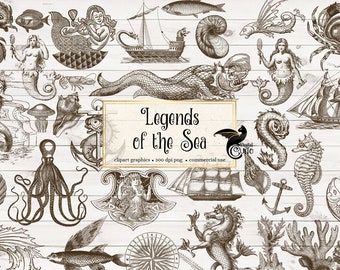 Legends of the Sea Vintage Nautical Clipart, Photoshop Brushes, mermaids, sea monsters, ocean animals, sea shells, antique illustrations