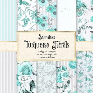 Turquoise Floral Digital Paper, seamless backgrounds with aqua flower bouquets and botanical instant download for commercial use
