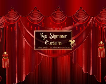 Red Shimmer Curtains Clipart, digital red curtain backdrop clip art graphics, stage curtains, theater drapes, curtain png overlays