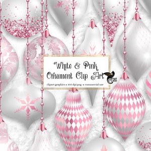 White and Pink Christmas Ornaments Clipart, digital glitter Christmas ball ornament clip art in png format for commercial use