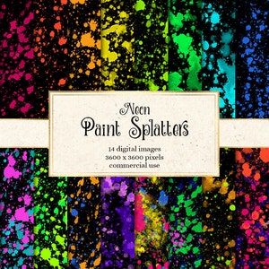 Neon Paint Splatters Digital Paper, printable scrapbook paper backgrounds with watercolor drips and paintball spatters for commercial use