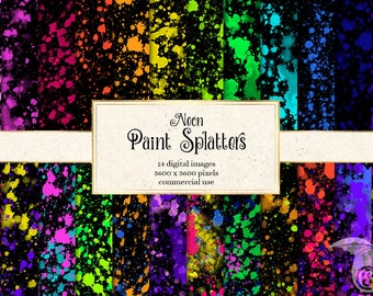 Neon Paint Splatters Digital Paper, Watercolor Drips (Digital Download)