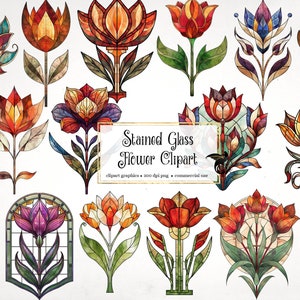 May include: A set of 15 stained glass flower clipart graphics. The flowers are in various colors, including red, orange, yellow, blue, and green. The flowers are all in a stained glass style, with intricate details and patterns. The clipart is perfect for use in digital scrapbooking, card making, and other craft projects.