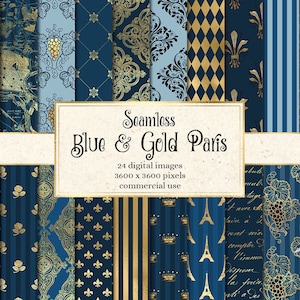 Papier numérique Paris bleu et or, motif français sans couture, avec tours Eiffel et fleur de lys imprimable scrapbook paper commercial use