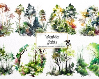 Watercolor Forest Clipart - spring woodland PNG format instant download for commercial use