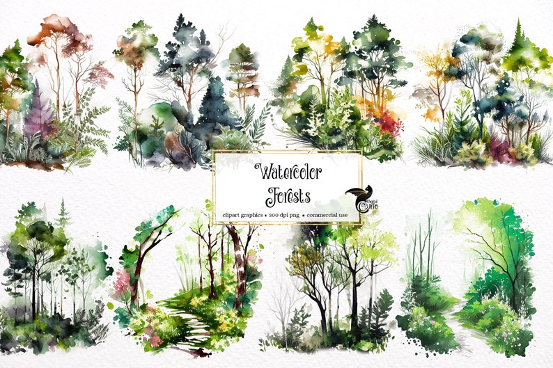 May include: Watercolor illustrations of various forest scenes, including trees, foliage, and paths. The illustrations are in shades of green, brown, and blue, with a white background. The text "Watercolor Forests" is written in a gold frame.