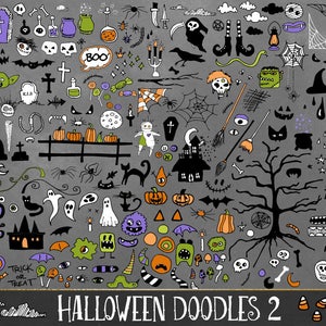 Halloween Doodles Clipart 2, digital hand drawn sketched skulls, ghosts, pumpkins, Halloween doodle clip art png and vector instant download