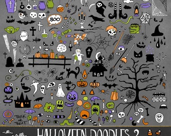 Halloween Doodles Clipart, Skulls, Ghosts, Pumpkins (PNG, Vector, Instant Download)
