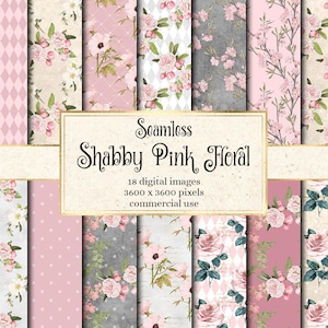Shabby Pink Floral Digital Paper, patrones florales sin costura flores rústicas rubor rosa y marfil patrones de flores papel de álbum de recortes imprimible