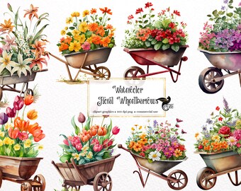 Aquarelle florale de brouettes Clipart - Jardin de printemps PNG (Téléchargement numérique)
