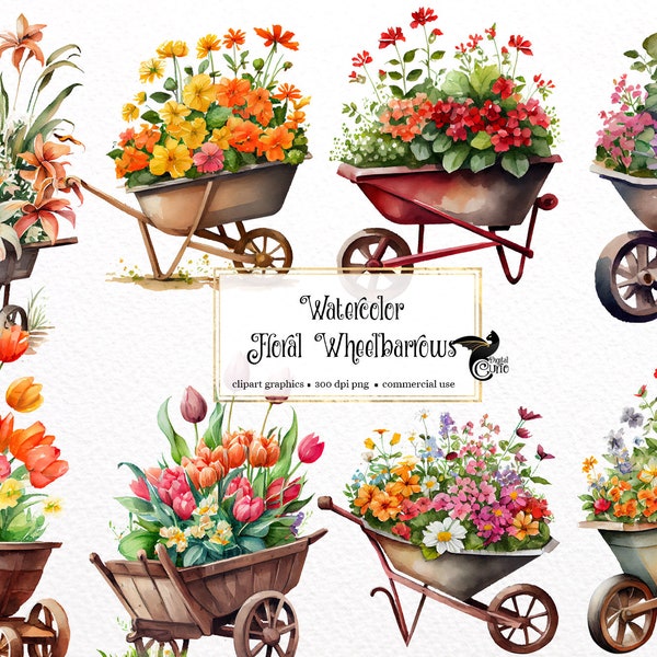 Watercolor Floral Wheelbarrows Clipart - springtime cute flower garden PNG format instant download for commercial use