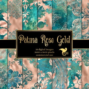 Patina Rose Gold Digital Paper, foil and teal patina texture backgrounds antique damask printable scrapbook paper for commercial use