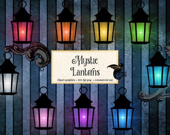 Clipart z mistycznymi latarniami, świecące gotyckie lampy (pobieranie cyfrowe)