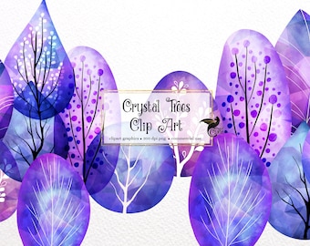 May include: Watercolor clip art featuring stylized crystal trees in shades of purple and blue. The trees have intricate branch and leaf details, with a variety of shapes and sizes. The image includes the text "Crystal Trees Clip Art".