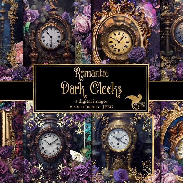 Romantic Dark Clocks Journal Paper, notebook digital paper steampunk fantasy junk journal pages printable 8.5x11 paper instant download