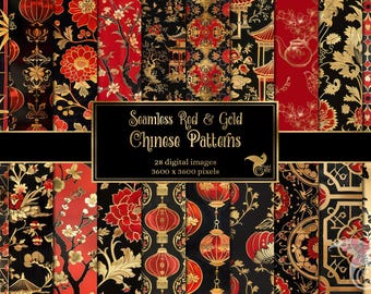 Red and Gold Chinese Digital Paper, Chinoiserie Seamless Patterns (JPG)