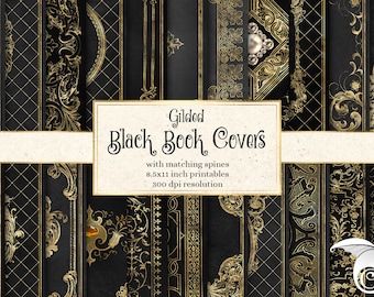 Gilded Black Book Covers, printable decorative gilded book covers 8.5 x 11 instant download digital sheets for commercial use