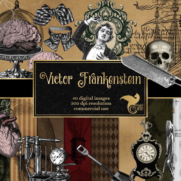 Victor Frankenstein Digital Scrapbook Kit with Victorian clip art Gothic digital paper in red and gold instant download for commercial use