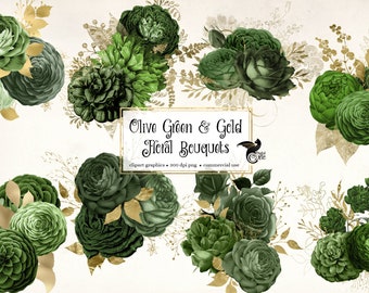 Olive Green and Gold Floral Clip Art, digital instant download painted watercolor flower png embellishments, gold glitter roses