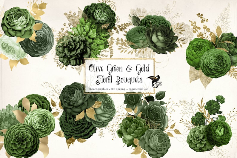 May include: Olive green and gold floral bouquets clipart graphics.  300 dpi png. Commercial use.