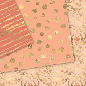 Coral and Gold Digital Paper Pink and Gold, Peach Digital Paper, Blush and Gold Scrapbook Paper Pack Instant Download Backgrounds image 2