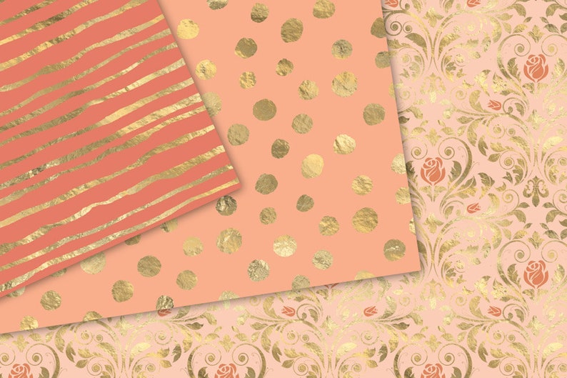 Coral and Gold Digital Paper Pink and Gold, Peach Digital Paper, Blush and Gold Scrapbook Paper Pack Instant Download Backgrounds image 2