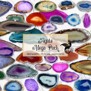 May include: A collection of agate slices in various colors and patterns, including red, orange, yellow, green, blue, purple, and pink. The agate slices are arranged in a random pattern on a white background. The text "Agate Mega Pack" is displayed in a gold frame.