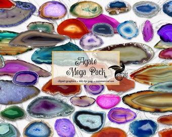 May include: A collection of agate slices in various colors and patterns, including red, orange, yellow, green, blue, purple, and pink. The agate slices are arranged in a random pattern on a white background. The text "Agate Mega Pack" is displayed in a gold frame.