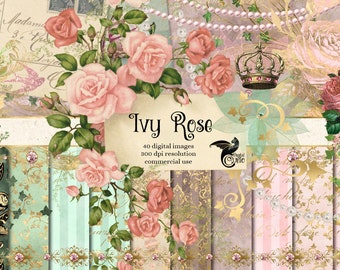 Ivy Rose Digital Scrapbook Kit, printable paper ephemera and digital clipart in vintage pink and mint for commercial use