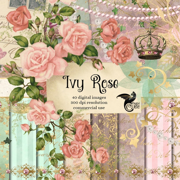 Ivy Rose Digital Scrapbook Kit, printable paper ephemera and digital clipart in vintage pink and mint for commercial use