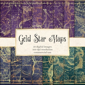 Gold Star Maps Digital Paper, Printable scrapbook paper, antique constellation sky map backgrounds, vintage star atlas, scrapboking image 1