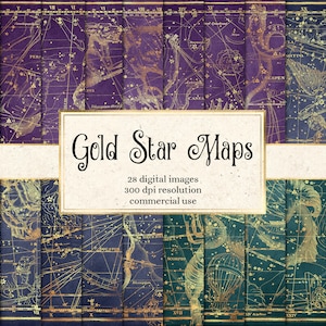 Gold Star Maps Digitaal Papier, Afdrukbaar plakboekpapier, antieke sterrenbeeld hemelkaartachtergronden, vintage sterrenatlas, scrapboking