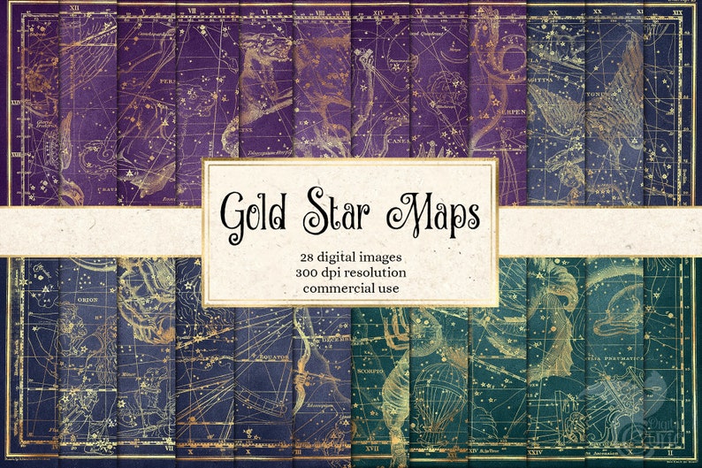 Gold Star Maps Digital Paper, Printable scrapbook paper, antique constellation sky map backgrounds, vintage star atlas, scrapboking image 1