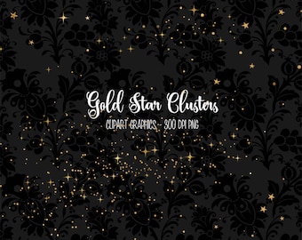 Puede incluir: Un papel digital negro y dorado con un patrón repetitivo de diseños florales y estrellas doradas. El texto "Gold Star Clusters" está escrito en una fuente de letra dorada con las palabras "Clipart Graphics - 300 DPI PNG" debajo.