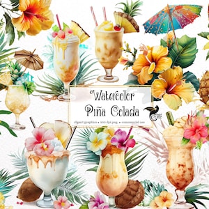 Watercolor Pina Colada Clipart - digital png tropical cocktails clip art graphics for instant download commercial use