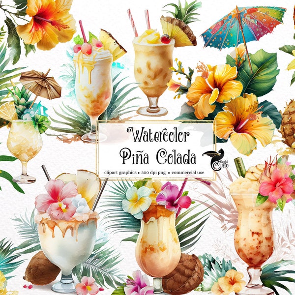 Watercolor Pina Colada Clipart - digital png tropical cocktails clip art graphics for instant download commercial use