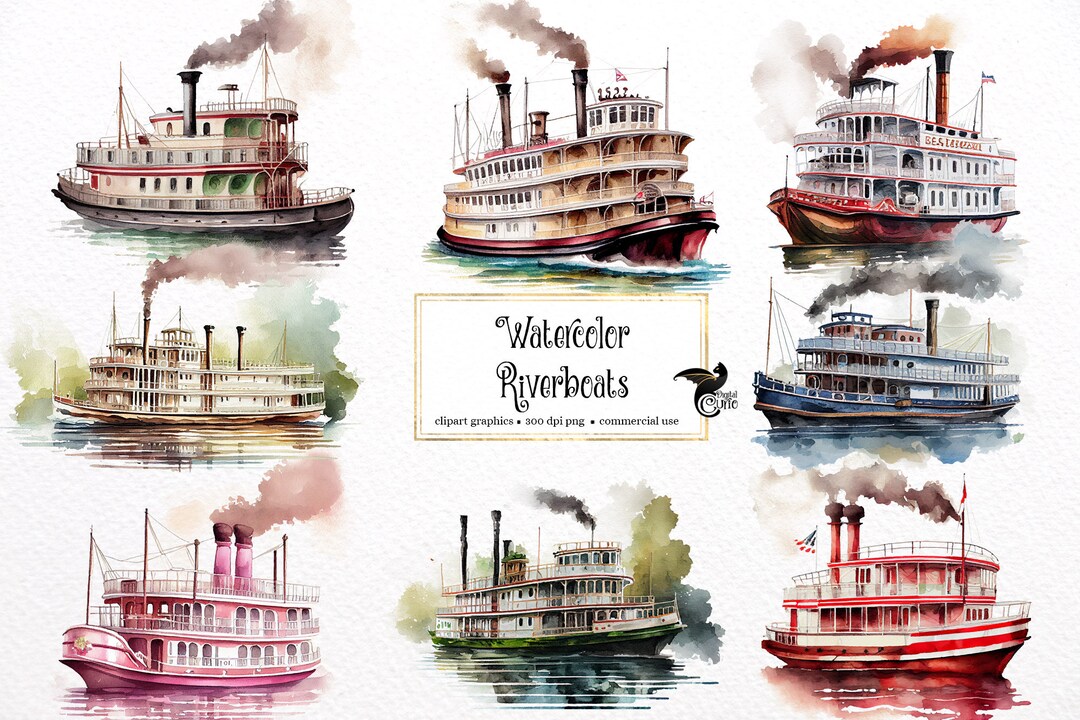 Watercolor Riverboats Clipart Cute River Boat Clip Art Graphics in PNG