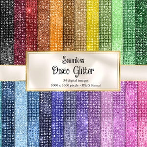 May include: A collection of 34 digital images featuring seamless disco glitter textures in various colors, including silver, black, red, gold, green, and purple. The images are 3600 x 3600 pixels in JPEG format. The text on the image says "Seamless Disco Glitter".