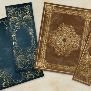 May include: Four decorative paper frames with gold ornate designs. Two frames are blue with gold designs, and two frames are brown with gold designs.