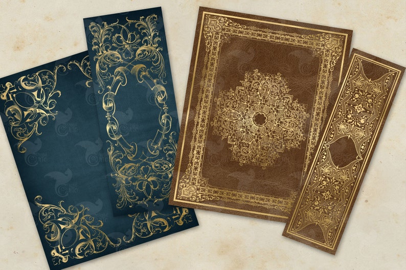 May include: Four decorative paper frames with gold ornate designs. Two frames are blue with gold designs, and two frames are brown with gold designs.