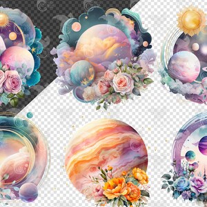 Akvarell blommig planet Clipart – Celestial Solar System PNG (digital nedladdning) bild 2