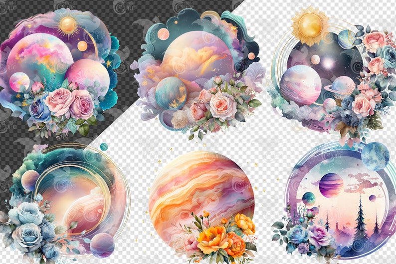 Akvarell blommig planet Clipart – Celestial Solar System PNG (digital nedladdning) bild 2